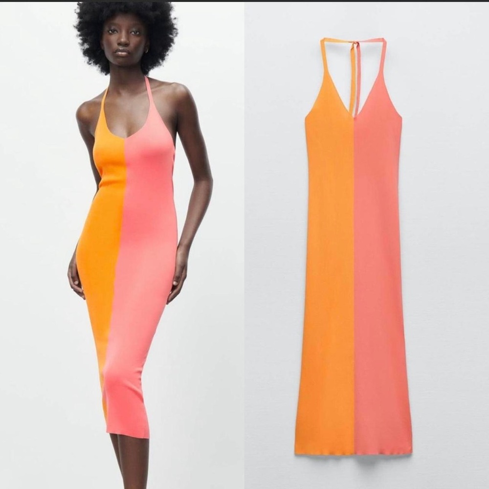 New Zara Tied Knit Halter Pink Orange Colorblock Midi Dress 9598/095 Large